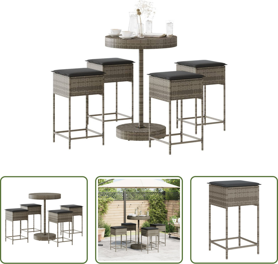 The Living Store 5-dielny záhradný barový set s vankúšmi sivý polyratan