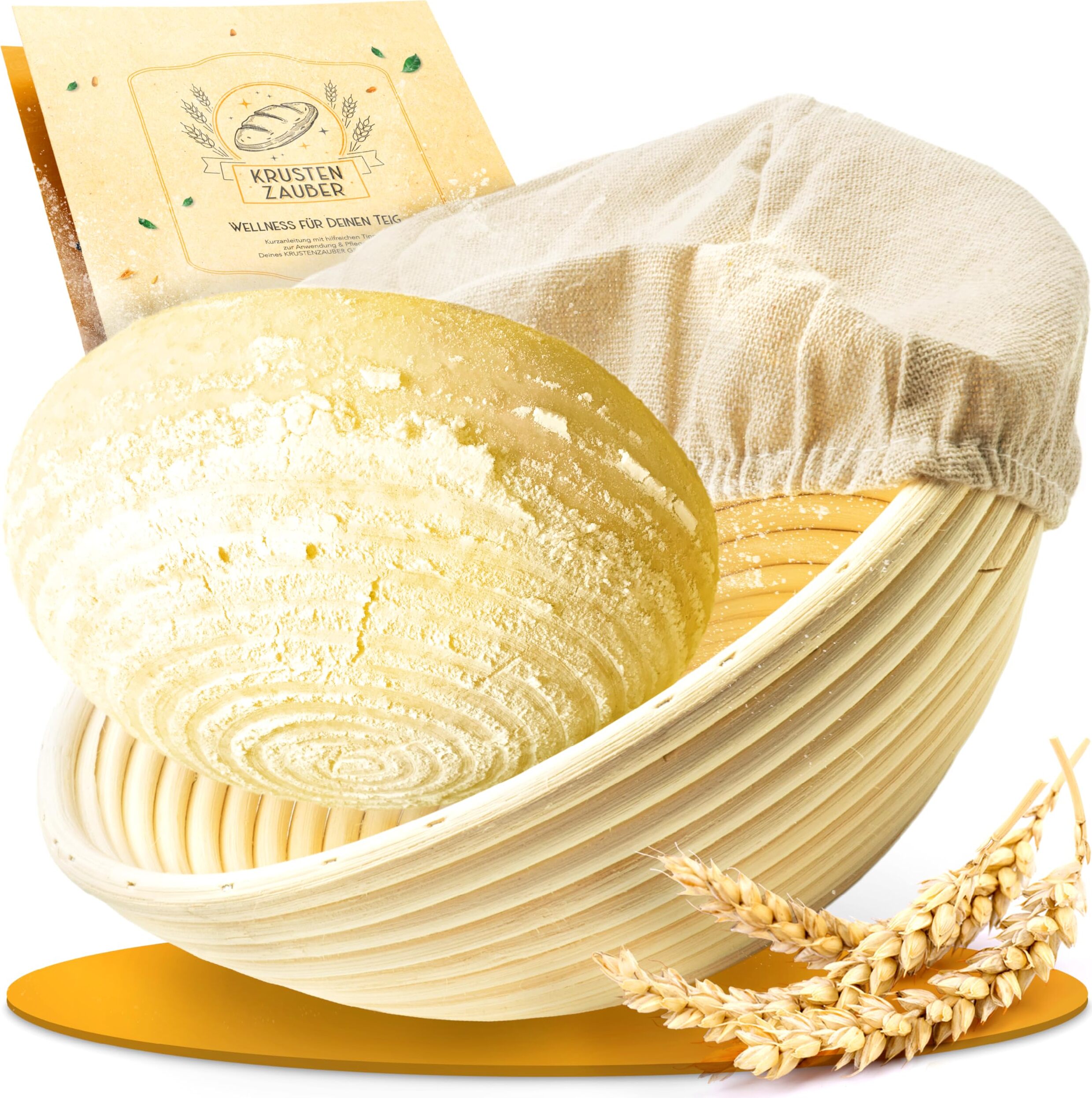 KRUSTENZAUBER Gärkorb zum Brotbacken rund 22cm - Rundes Gärkörbchen aus Rattan mit Gärtuch - Brot Backen Zubehör, Brotkorb, Brotbackform
