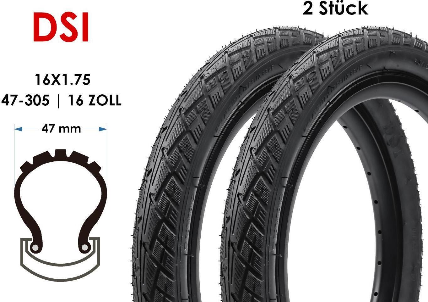 DSI 2 Stück 16 Zoll Fahrrad Reifen 16x1.75 Kinder Laufrad Hand Wagen 47-305 Mantel Decke