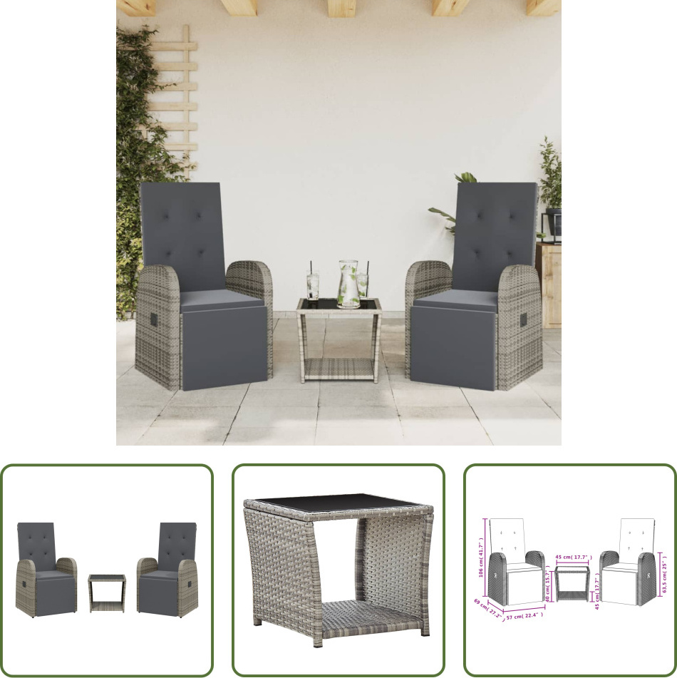 The Living Store 3-dielny záhradný jedálenský set s vankúšmi sivý polyratan