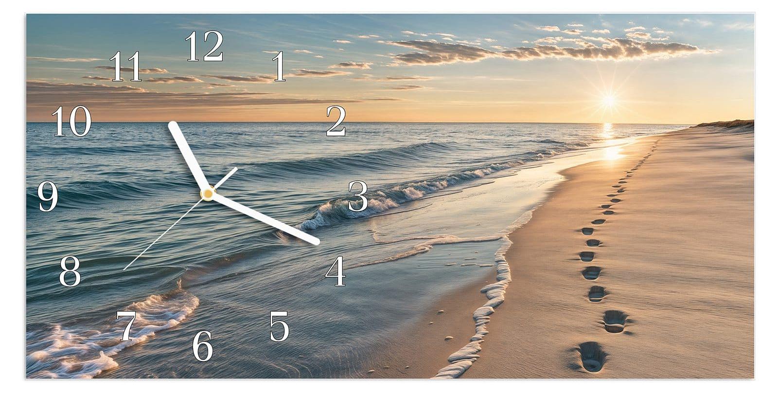 Primedeco Wanduhr aus Glas mit Motiv Strandspuren- 60 x 30 cm - inkl. Aufhängesystem