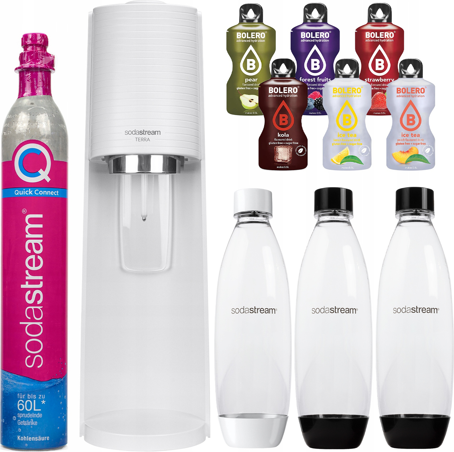 Výrobník perlivej vody Sodastream Terra White 3 fľaše Vzorky sirupu z CO2 fľaše