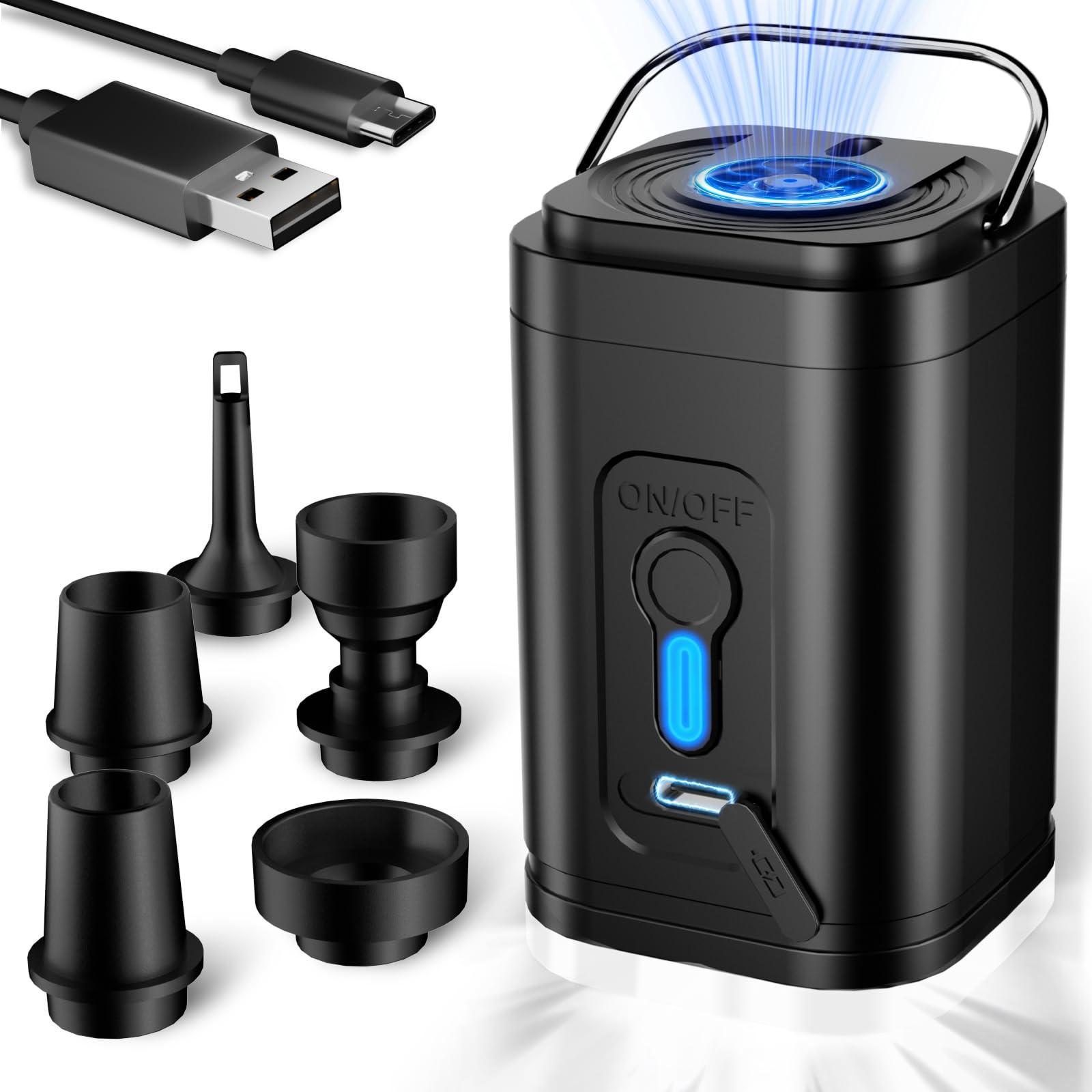 kuny Elektrische Mini Luftpumpe mit LED Campinglampe – Akku-Pumpe mit 5 Düsen & USB-C | Bis zu 15 Anwendungen oder 18 Min Laufzeit | Für Luftmatratze