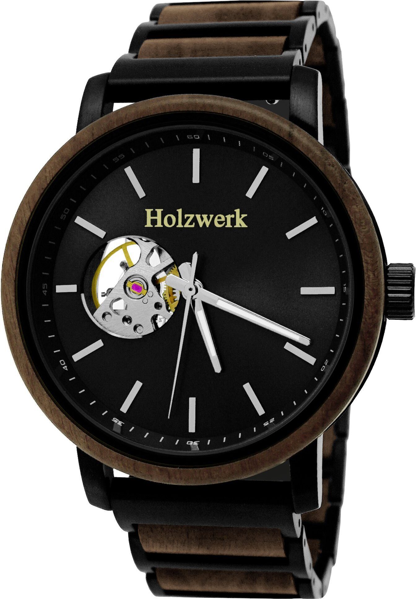 Holzwerk Germany Holzwerk COESFELD Herren Edelstahl & Holz Automatik Handaufzug Uhr, schwarz