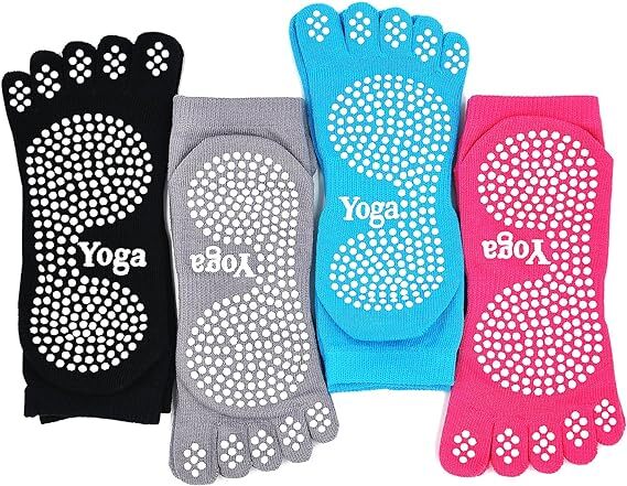 Götäzer Yoga Socken Frauen Pilates Socken mit Griffen, Damen rutschfest f¹nf Zehen Socken f¹r Yoga Pilates Fitness, 4 Paar