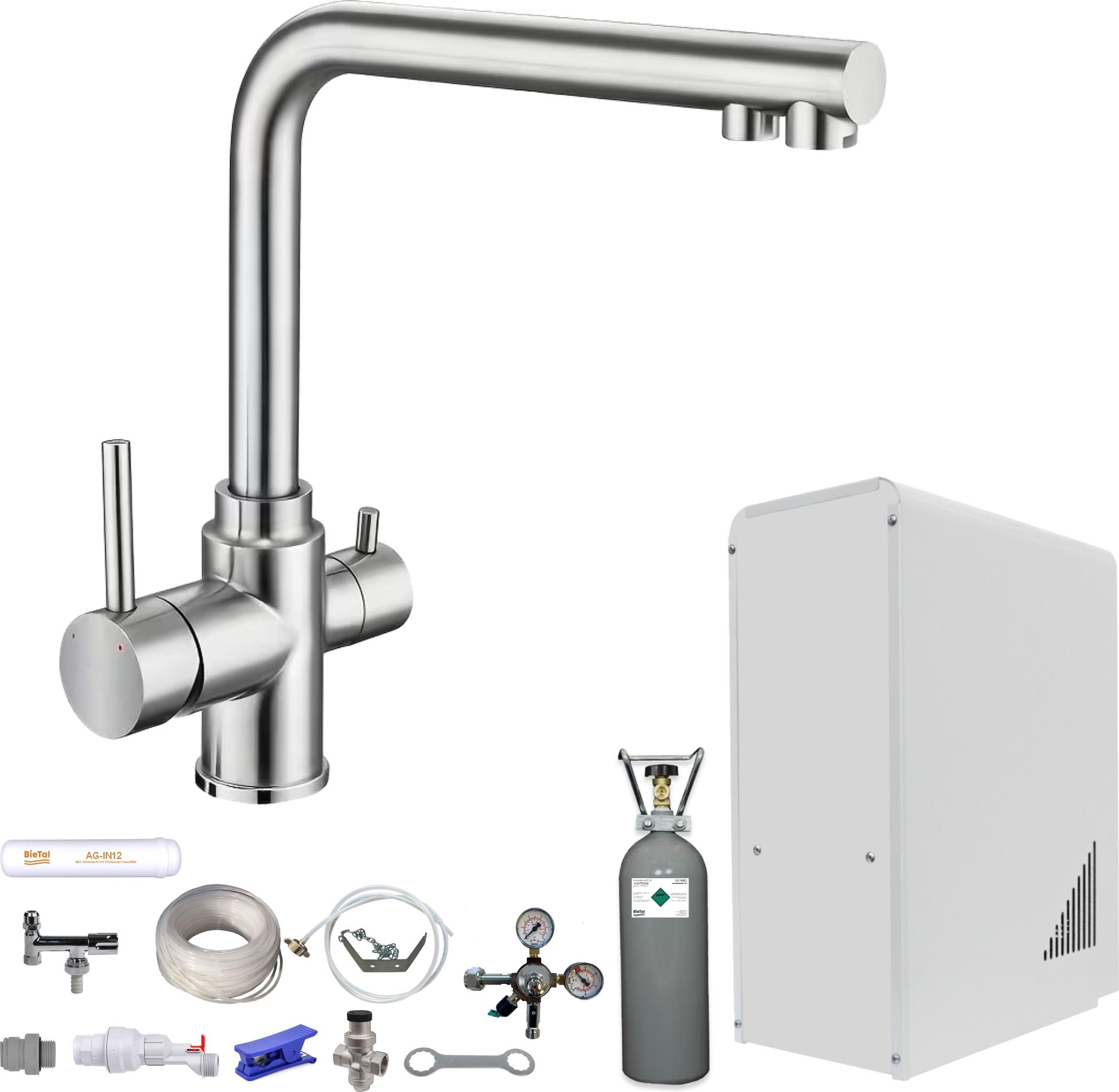Sprudelwasser Tafelwasseranlage BieTal BT-10U 3-Wege L Hahn Edelstahl & 6kg CO2