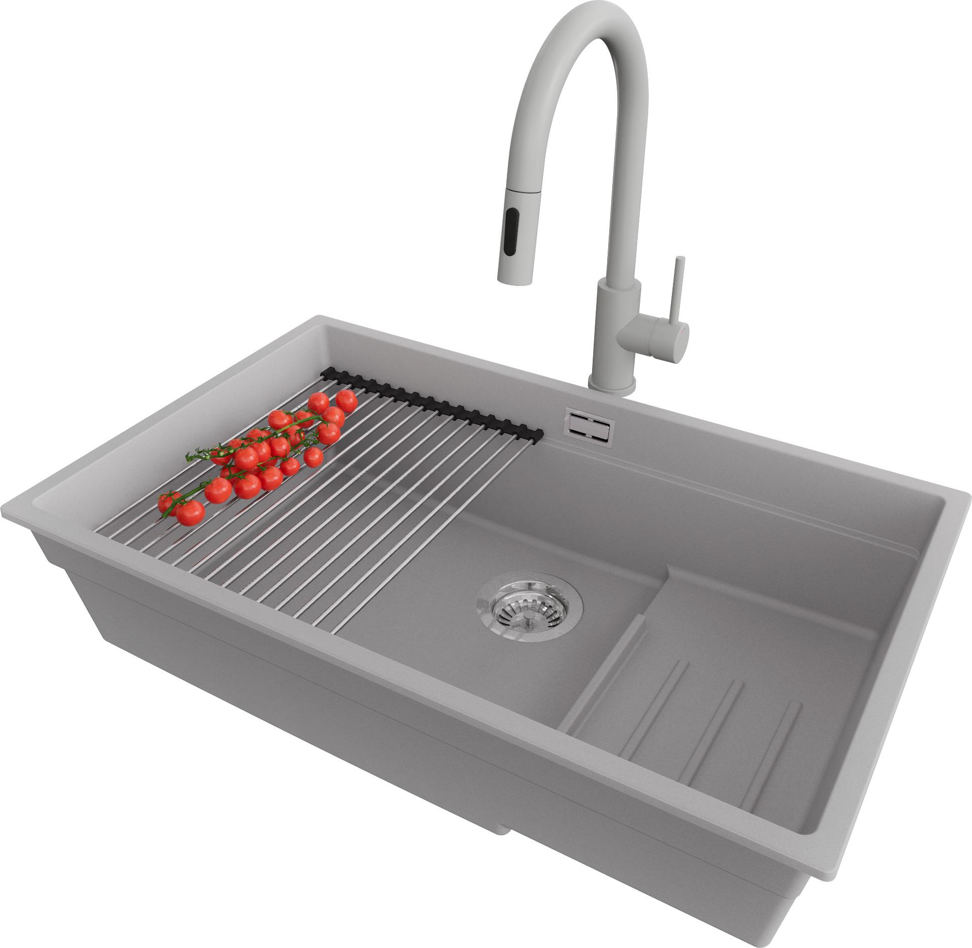 PRIMAGRAN Granitspüle Grau 76x47cm, Spülbecken 1 Becken + Küchenarmatur 40x20cm + Ablauf-Set + Küchenzubehörset, Küchenspüle ab 80er Unterschrank - Praga Slim Image