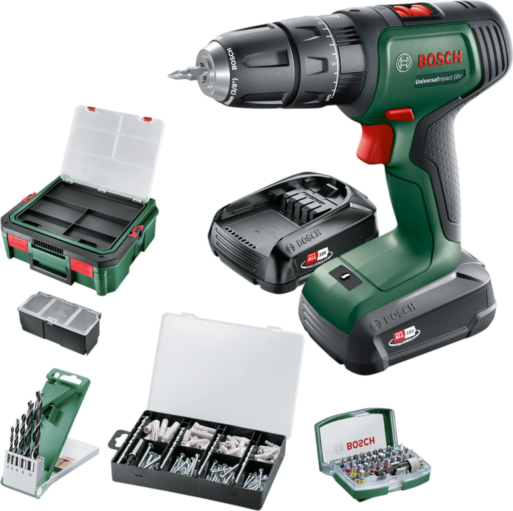 Akumulátorová príklepová vŕtačka Bosch Universal Impact 18 V 34 Nm ( 06039D4107 ) + 2 x akumulátor 1,5 Ah + nabíjačka + sada bitov + sada hmoždiniek + krabica