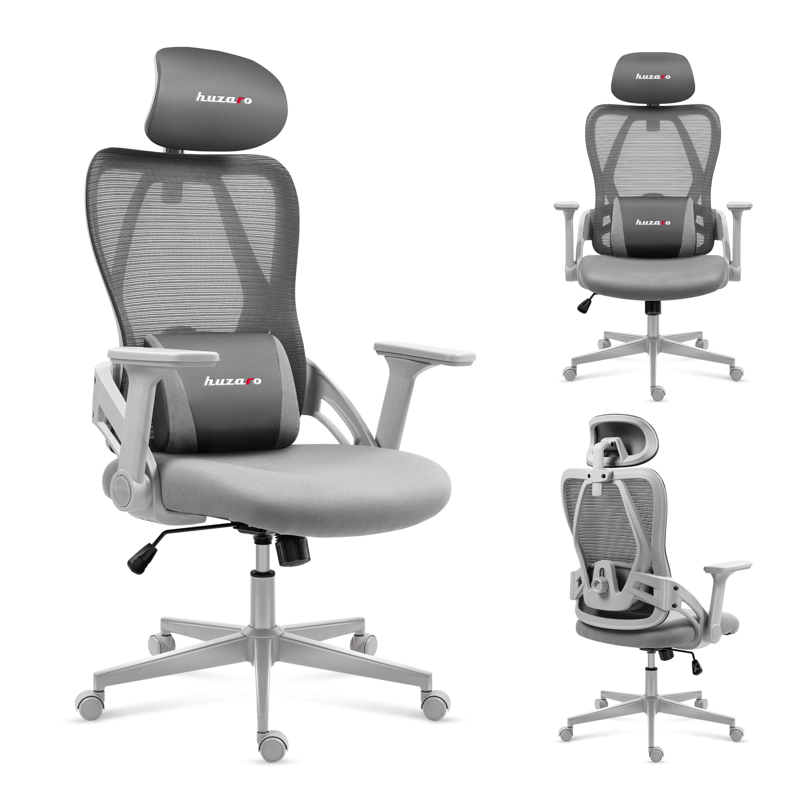 Gaming-Stuhl Huzaro Combat 2.7 Grau – ergonomisch, 3D-Armlehnen, verstellbare Kopf- & Lendenstütze, atmungsaktives Gewebe