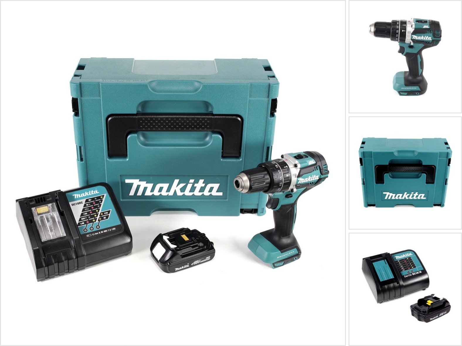 Akumulátorová príklepová vŕtačka Makita DHP 484 Y1J-D 18V Brushless Li-Ion v balení Makpac vrátane 1x akumulátora BL 1815 N 1,5 Ah a nabíjačky DC18RC