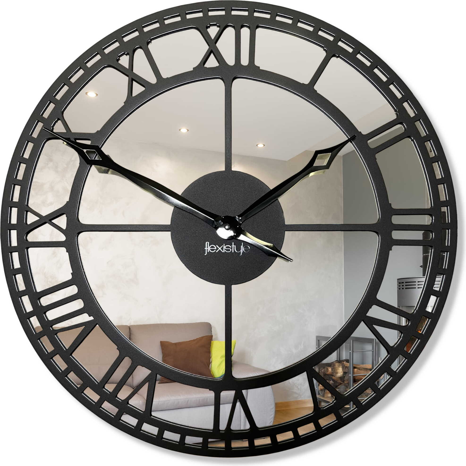 FLEXISTYLE Große Metallwanduhr Spiegel ohne tickgeräusche Vintage retro 50cm durchmesser ohne ticken