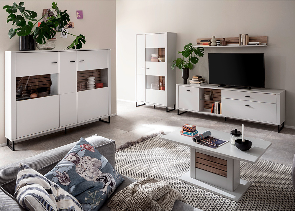 Lomadox Wohnmöbel Set weiß mit Eiche-Lamellen LAUREANA-05 5-teilig LA05-LAUREANA-05-SET19