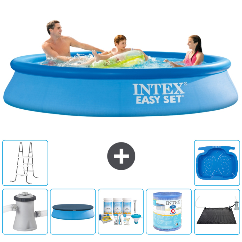 Intex okrúhly nafukovací bazén Easy Set - 305 x 61 cm - modrý - vrátane krytu čerpadla - balík na údržbu - filter - solárna podložka - rebrík - vaňa pre nohy