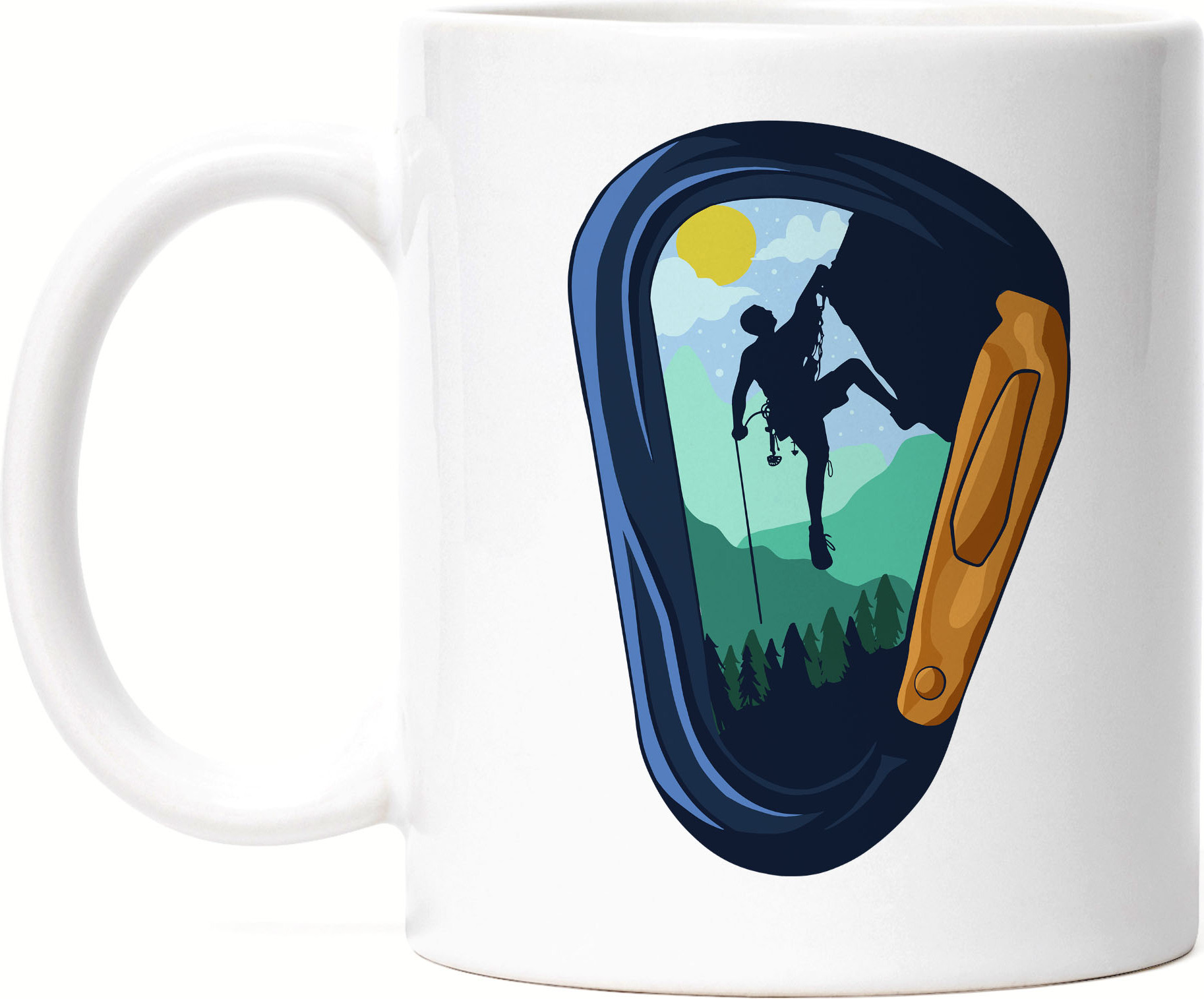 Hey!Print Klettern Tasse Weiß Kletterer Berge Hügel Felsen Gipfel Höhe Sport Kletterschuhe Bouldern Steil Freizeit Hobbie HP-1832-T