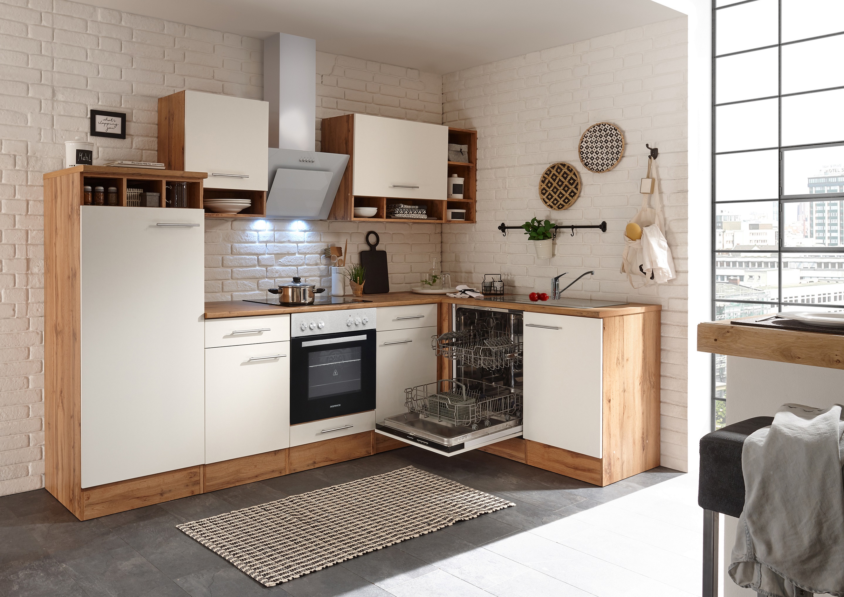 Küche Küchenzeile Küchenblock Winkelküche Eiche Weiß Hilde 280x172 cm Respekta BEKBL280EWC