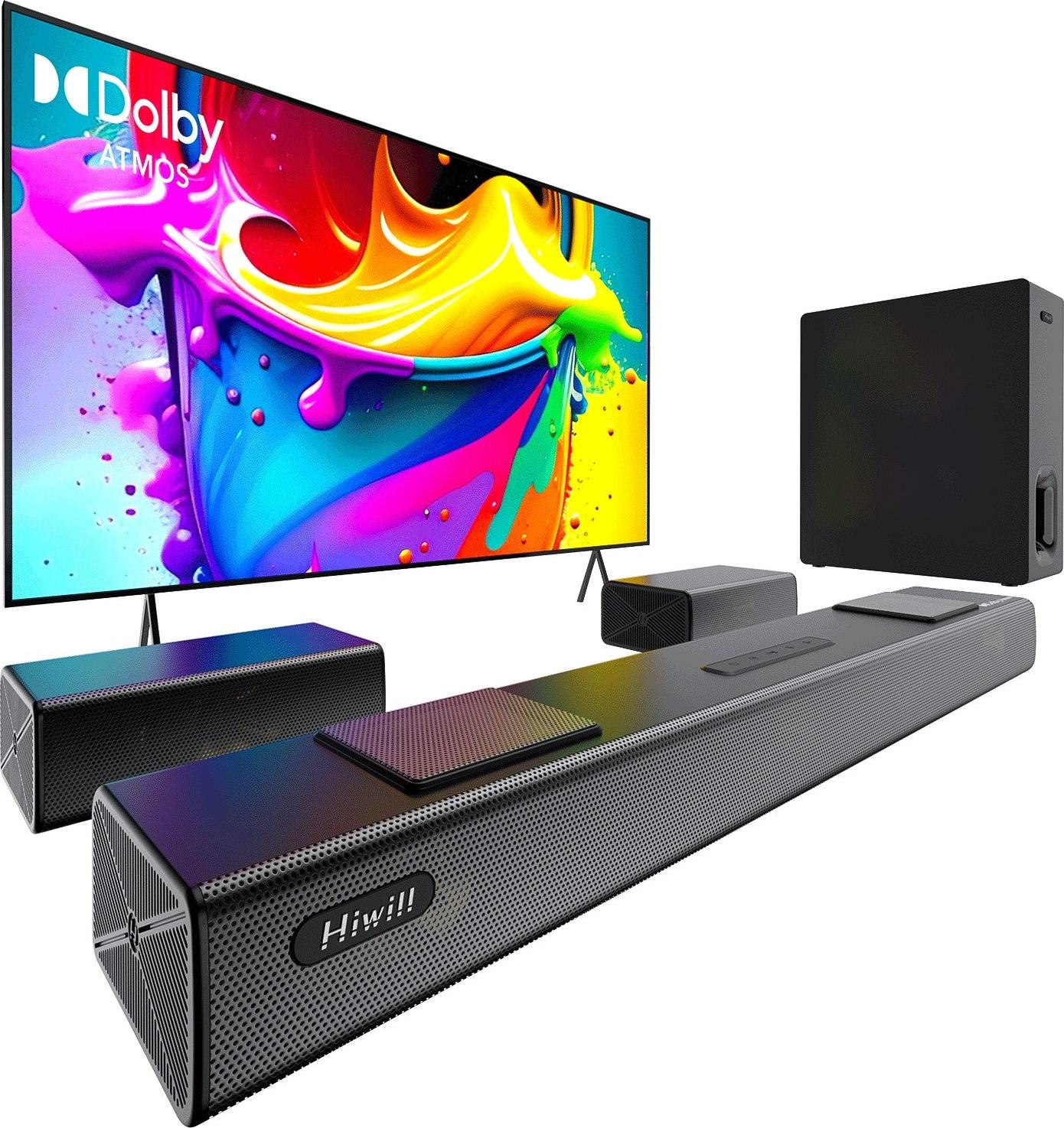 Hiwill A512 5.1.2 Dolby Atmos Soundbar - 450W Výkonom Bezdrôtovým 6,5" Subwooferom a 2 Surround Reproduktormi - čierny