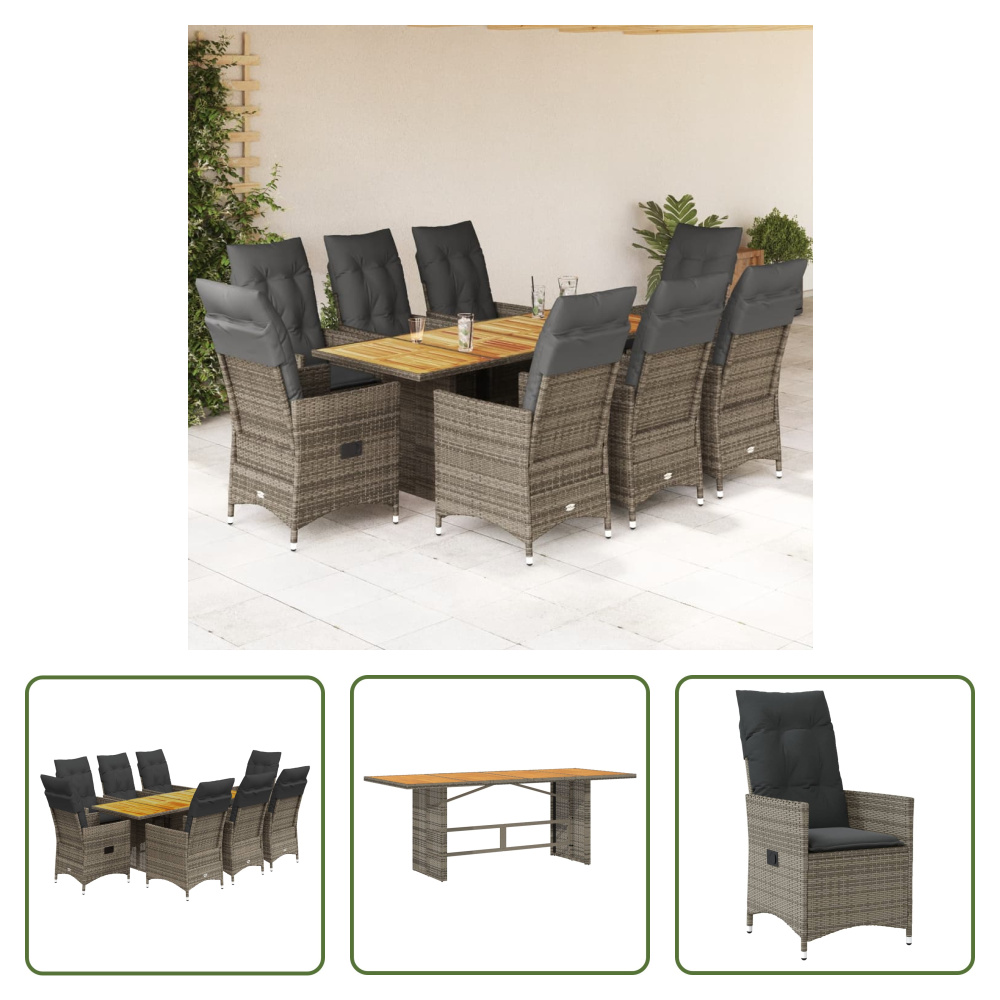 The Living Store 9-dielny záhradný jedálenský set s vankúšmi sivý polyratan