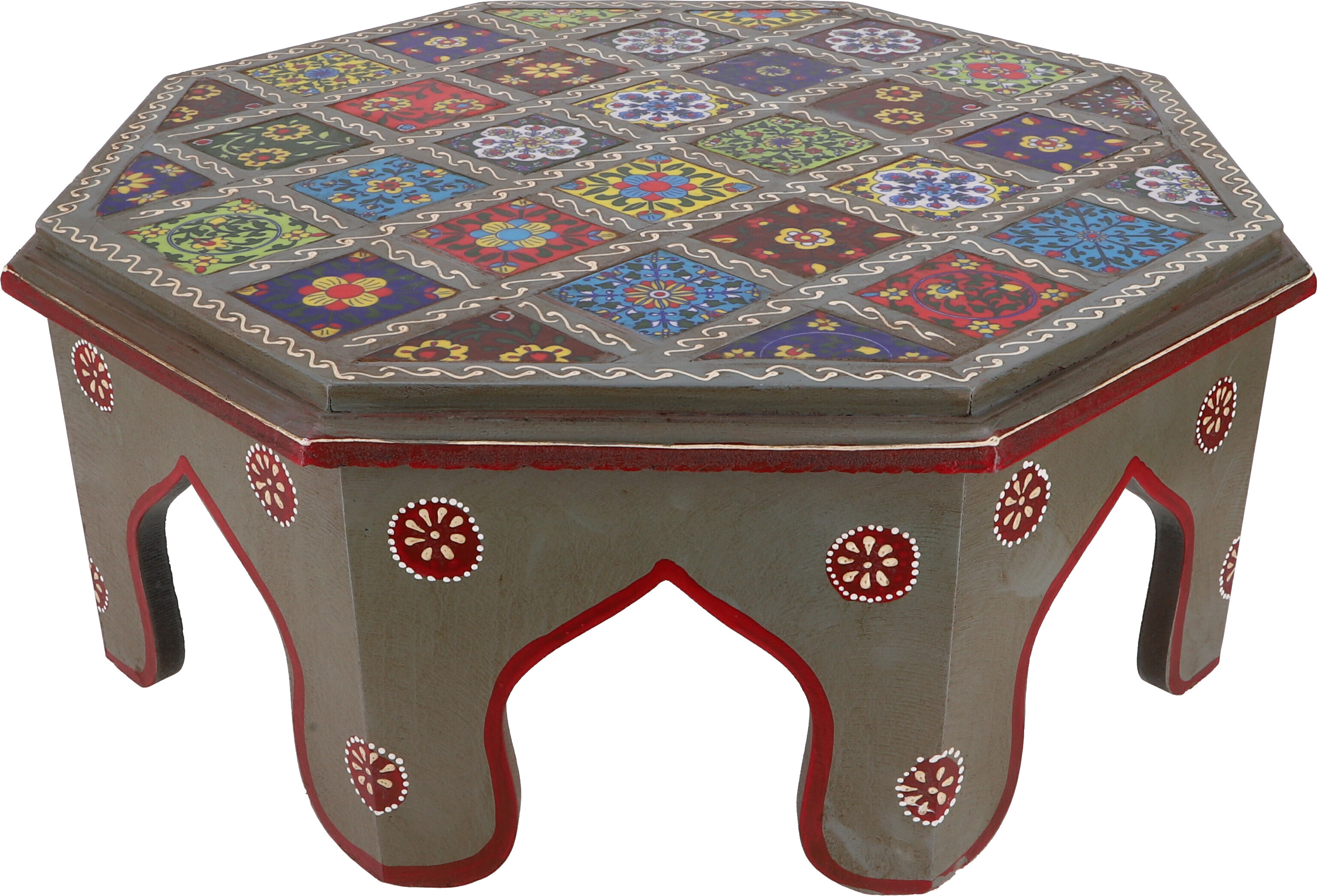 Guru-Shop Bemalter Kleiner Tisch mit Fliesenmosaik - Grau Ø 41 cm, Mehrfarbig, Holz, Kaffeetische & Bodentische 49297