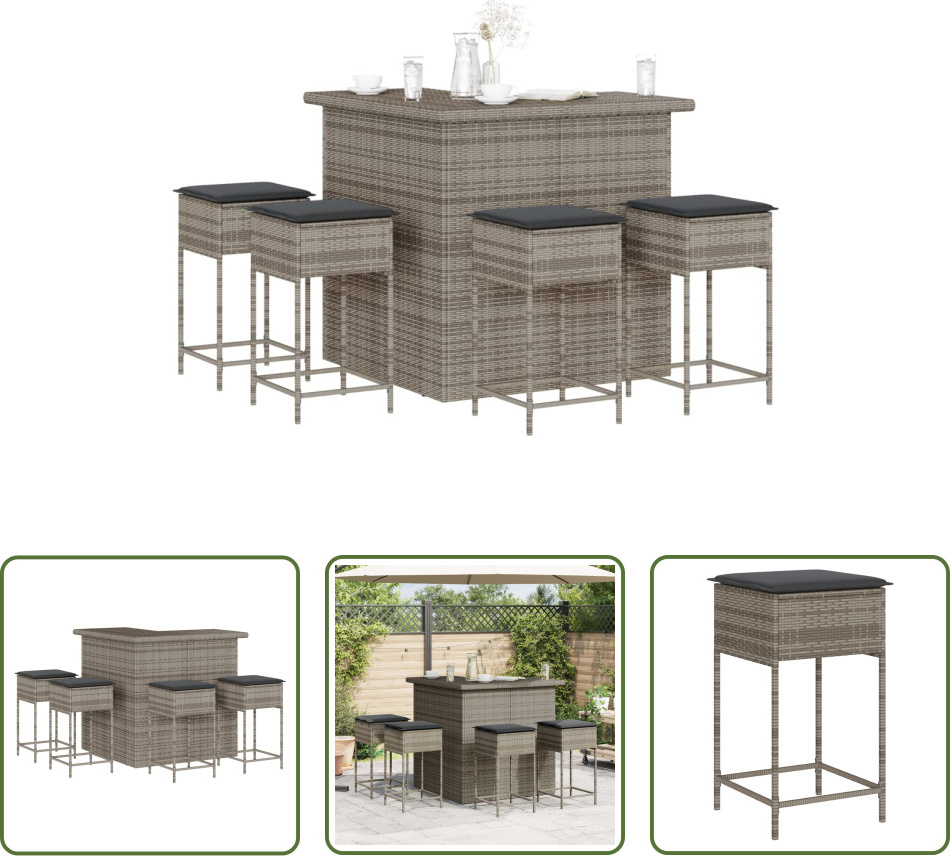 The Living Store 5-dielny záhradný barový set s vankúšmi sivý polyratan