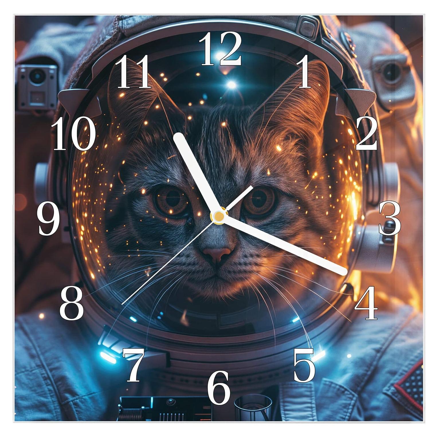 Primedeco Wanduhr aus Glas mit Motiv Katze im Raumanzug- 30 x 30 cm - inkl. Aufhängesystem