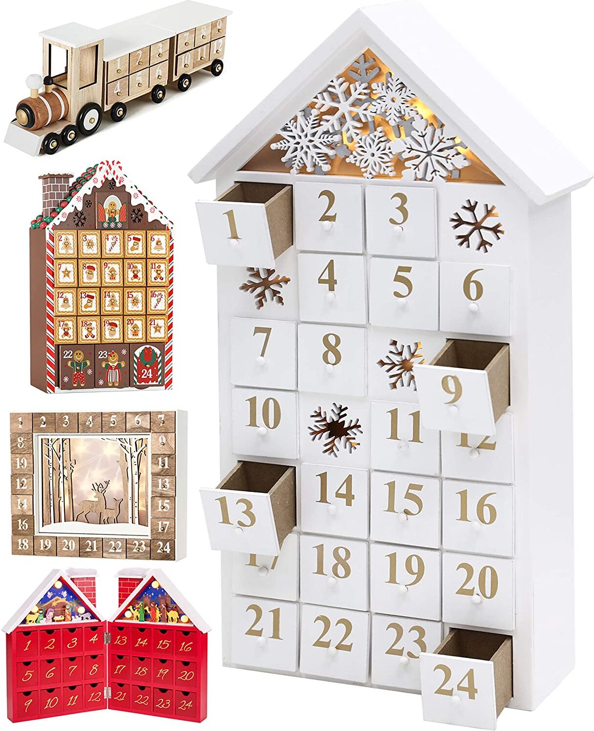 BRUBAKER Adventný kalendár Domček z dreva biely s LED osvetlením 24,3 x 45 x 8 cm