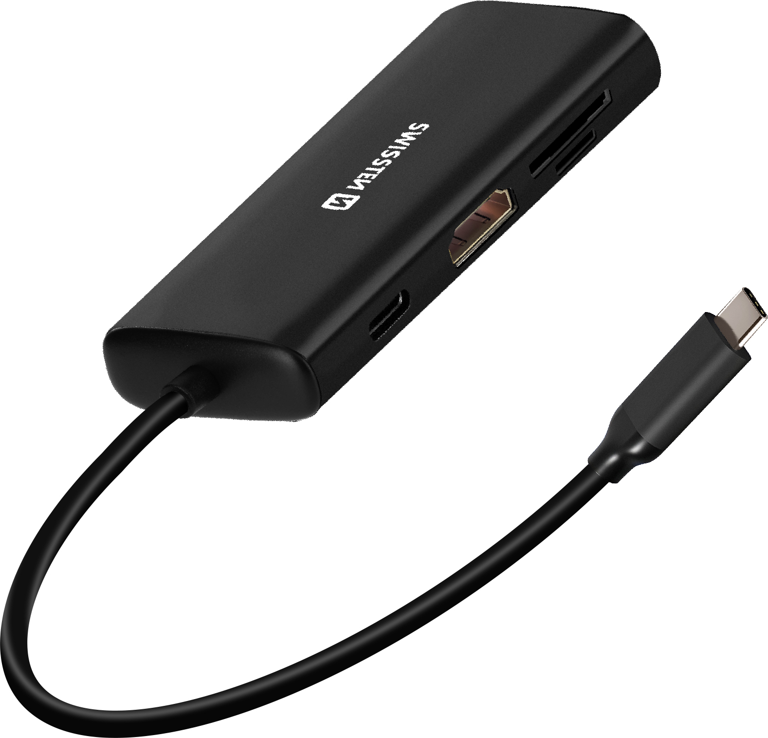 Swissten, rozbočovač USB-C s rozhraním Ethernet + HDMI + USB-C 100 W + USB + čítačka kariet, čierna