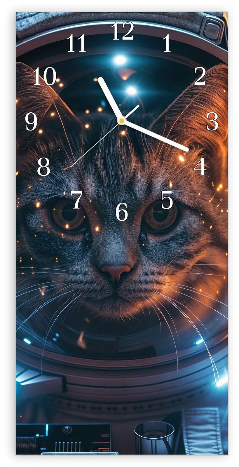 Primedeco Wanduhr aus Glas mit Motiv Katze im Raumanzug- 30 x 60 cm - inkl. Aufhängesystem