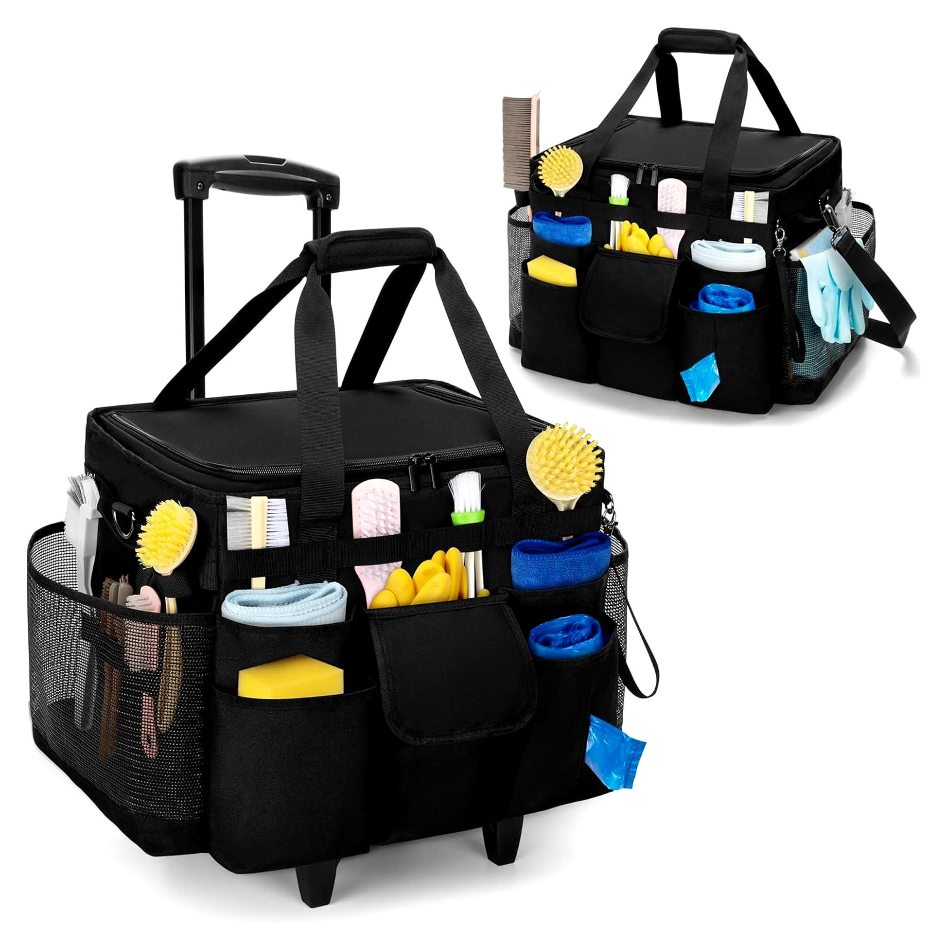 Markenlos Reinigungstasche mit Deckel, Organizer für Reinigungsutensilien mit abnehmbarem Trolley, Reinigungswagen mit Griff und Schultergurt für Haushaltshelfer, Schwarz