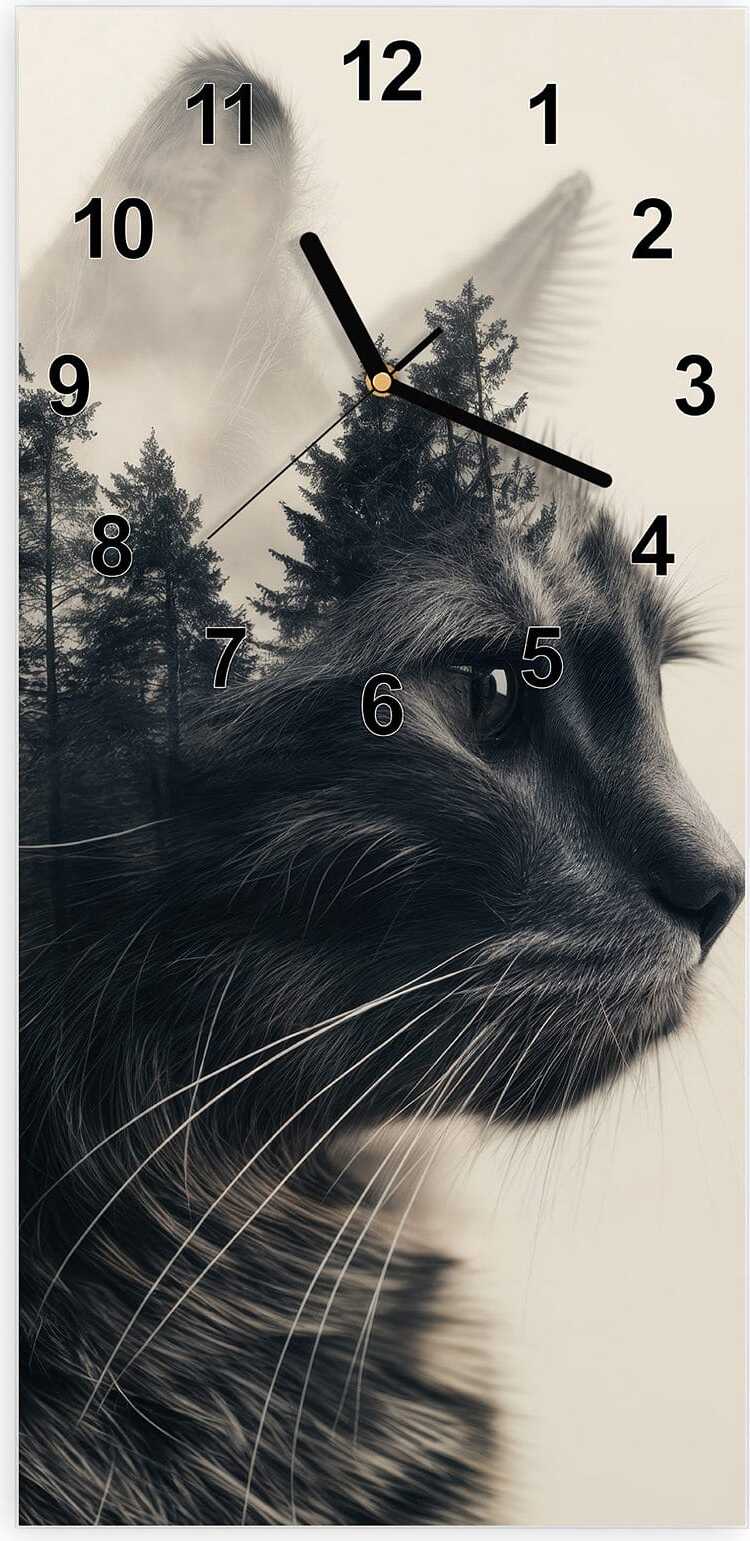 Primedeco Wanduhr aus Glas mit Motiv Waldkatze- 30 x 60 cm - inkl. Aufhängesystem