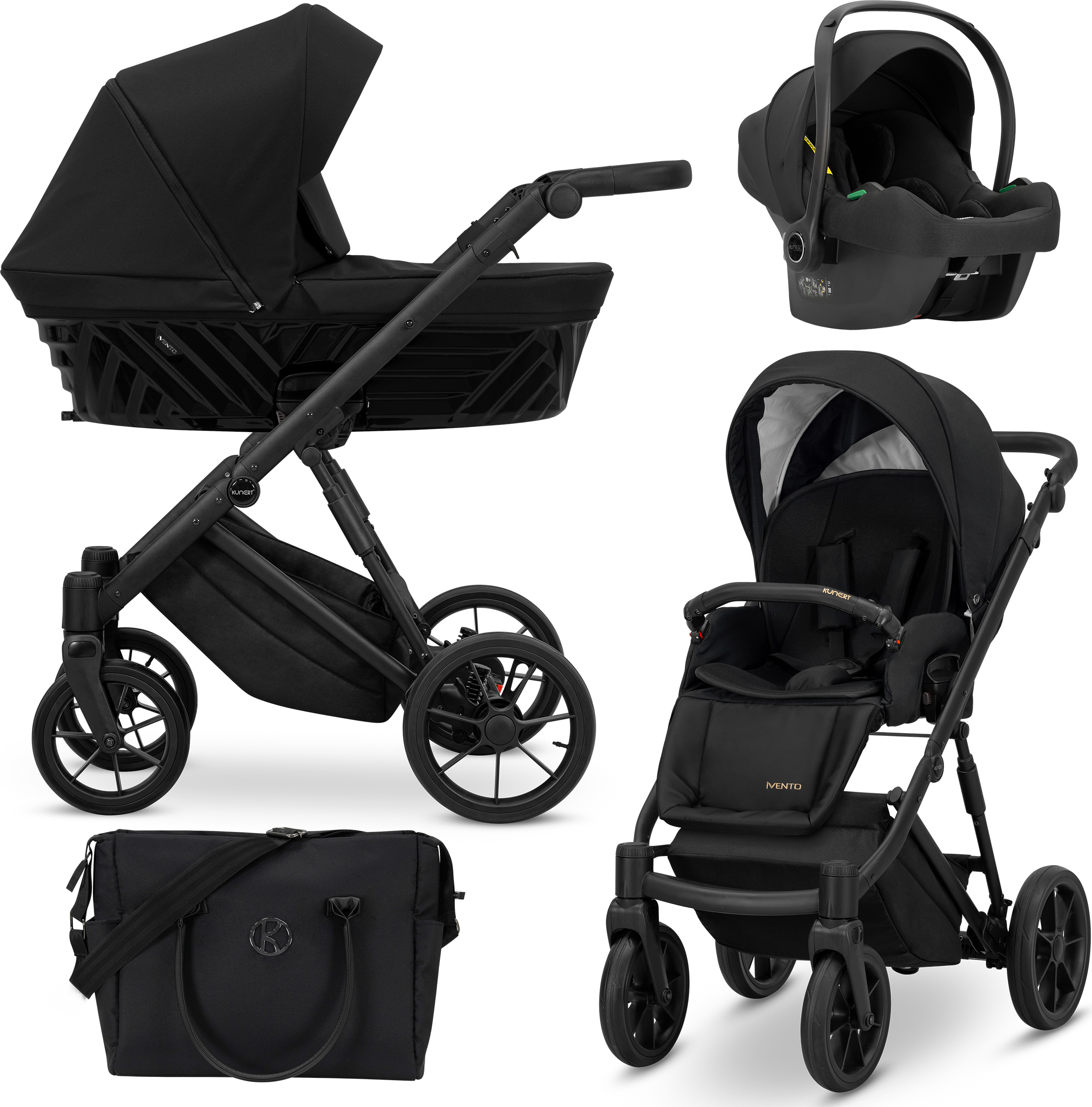 Kunert Kinderwagen IVENTO Sportwagen Babywagen Babyschale Komplettset Kinder Wagen Autositz Set 3 in 1 (Deep Black, Rahmenfarbe: Schwarz)