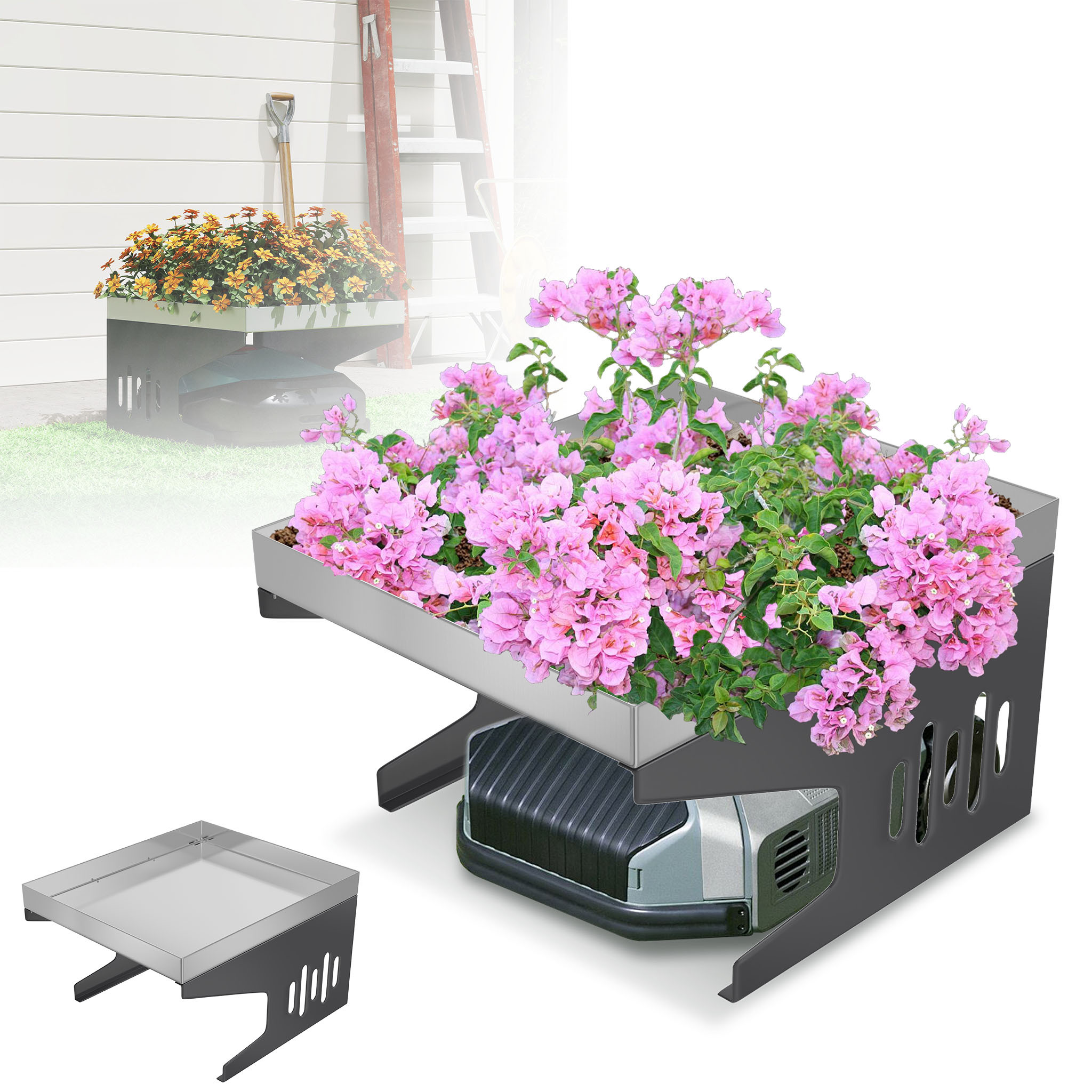 LZQ Mähroboter-Garage mit Pflanzkasten – Wetterbeständiges Dach, Metall-Unterstand für Rasenmäher, 43x60x70cm, Anthrazit