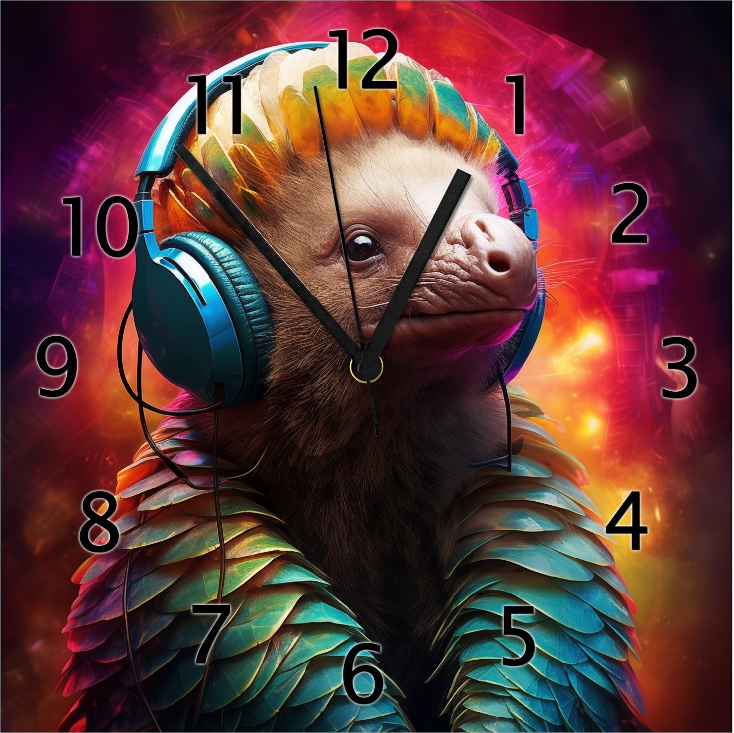 Wallario Design Wanduhr Schuppentier mit Kopfhörern aus Echtglas, Größe 30 x 30 cm gugs1009-3030