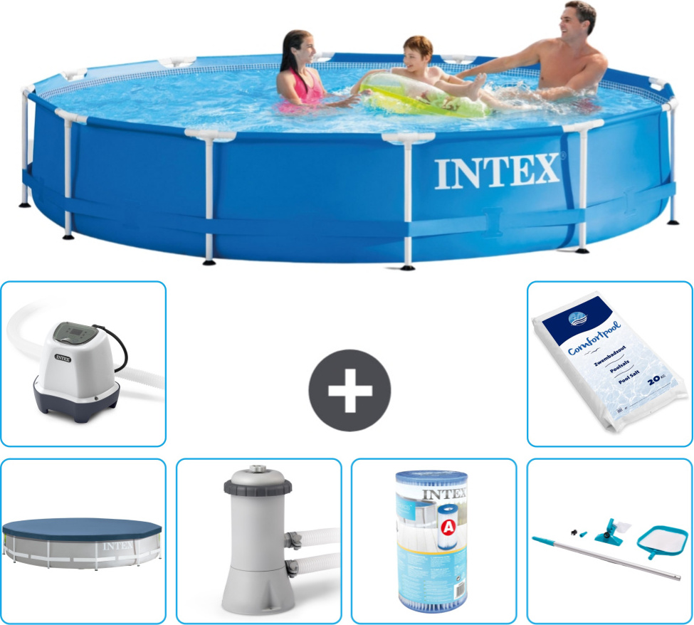 Bazén Intex s okrúhlym rámom - 366 x 76 cm - modrý - vrátane krytu - filtračné čerpadlo pre bazén - filter - čistiaca súprava - systém slanej vody - bazénová soľ