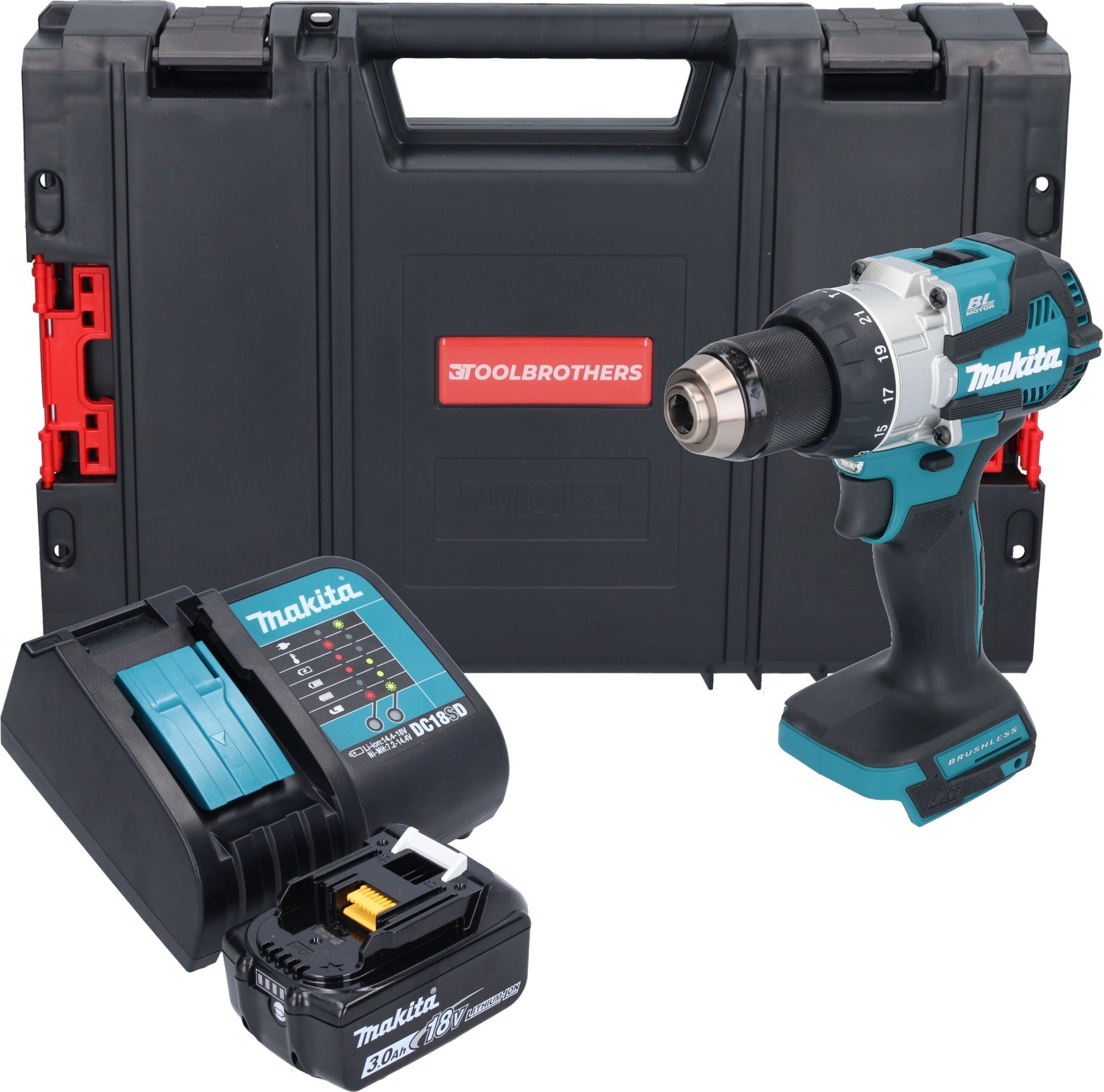 Makita DHP 489 SF1J-R Akumulátorová príklepová vŕtačka 18 V 73 Nm bez kefiek + 1x akumulátor 3,0 Ah + nabíjačka + RHINO