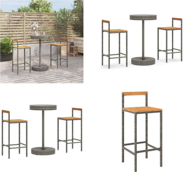 vidaXL 3-dielny záhradný barový set sivý polyratan a masívne drevo akácie - Záhradný barový set - Záhradné barové sety - Záhradný barový set - Záhradný bar