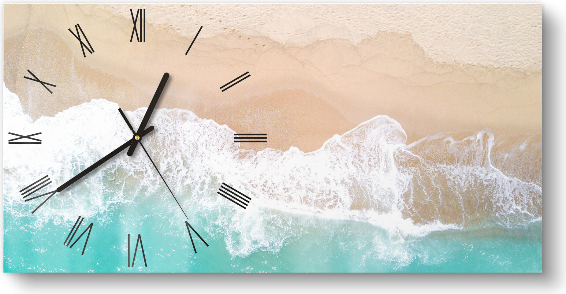 DEQORI Glasuhr 60x30 cm Römisch 'Wellen brechen am Strand' Wanduhr Glas Uhr Design leise WC-60-30-R-2133