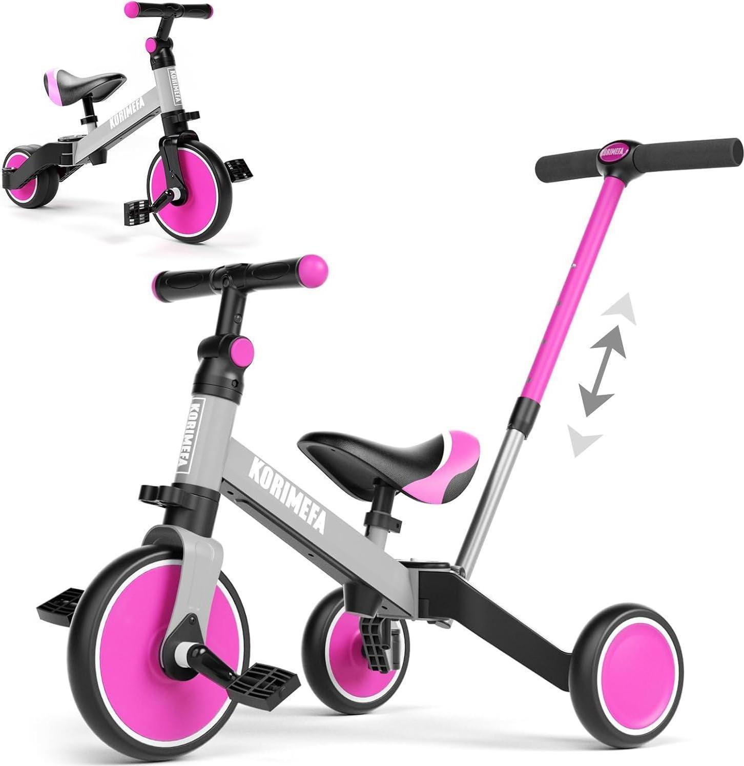 Sonstige KORIMEFA Kinder Laufrad Dreirad ab 1 Jahr höhenverstellbar mit Schubstange PolyurethanSitz Pink + Grau