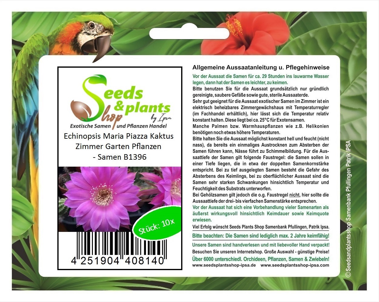 Seeds & Plants Shop by Ipsa 10x Echinopsis Maria Piazza Kaktus Zimmer Garten Pflanzen - Samen B1396