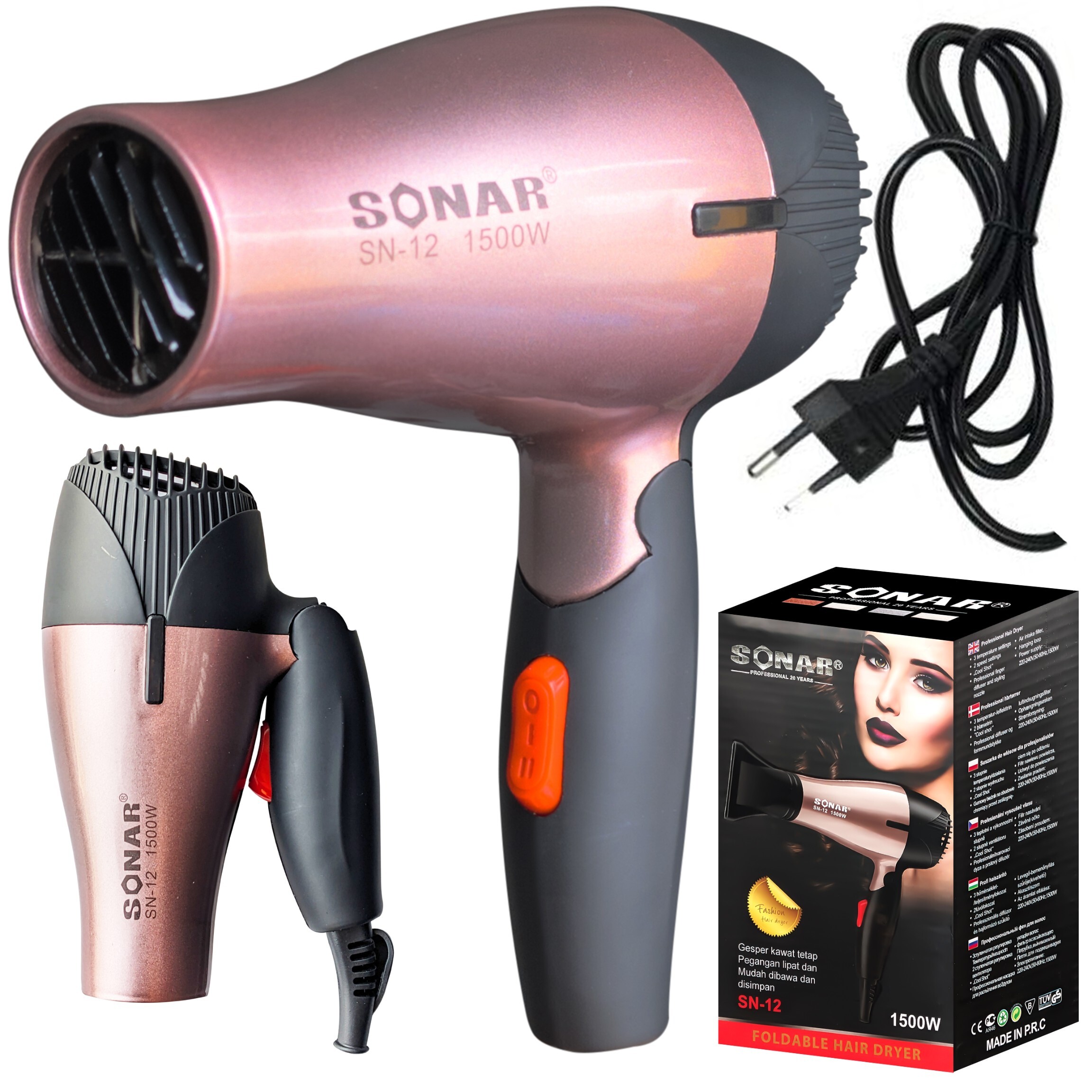 Haartrockner Fön Reise Haarfön 1200 W mit Diffusorr Föhn Hair Dryer mit 2 Geschwindigkeiten Zentrierdüse für Haarsalon Reisen und Familie Rosa Retoo U159-2