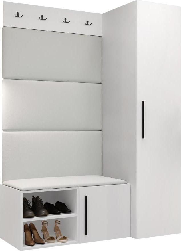 MIRJAN24 Garderoben-Set Medi II, Schuhschrank, Kleiderhakenbrett, 4x Paneel 84x42, 4 Kleiderhaken (Farbe: Weiß, Soft 017)