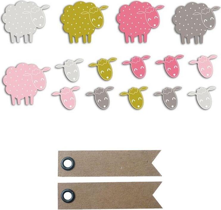 Youdoit 20 Papierfetzen - Schafe - rosa-grün-grau + 20 Wimpel Kraft Etiketten 8473