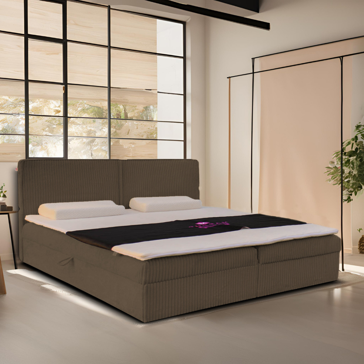 Prírodná čalúnená posteľ s čelom, 140x200 cm, kontinentálna manželská posteľ, látka na kábli: hnedá