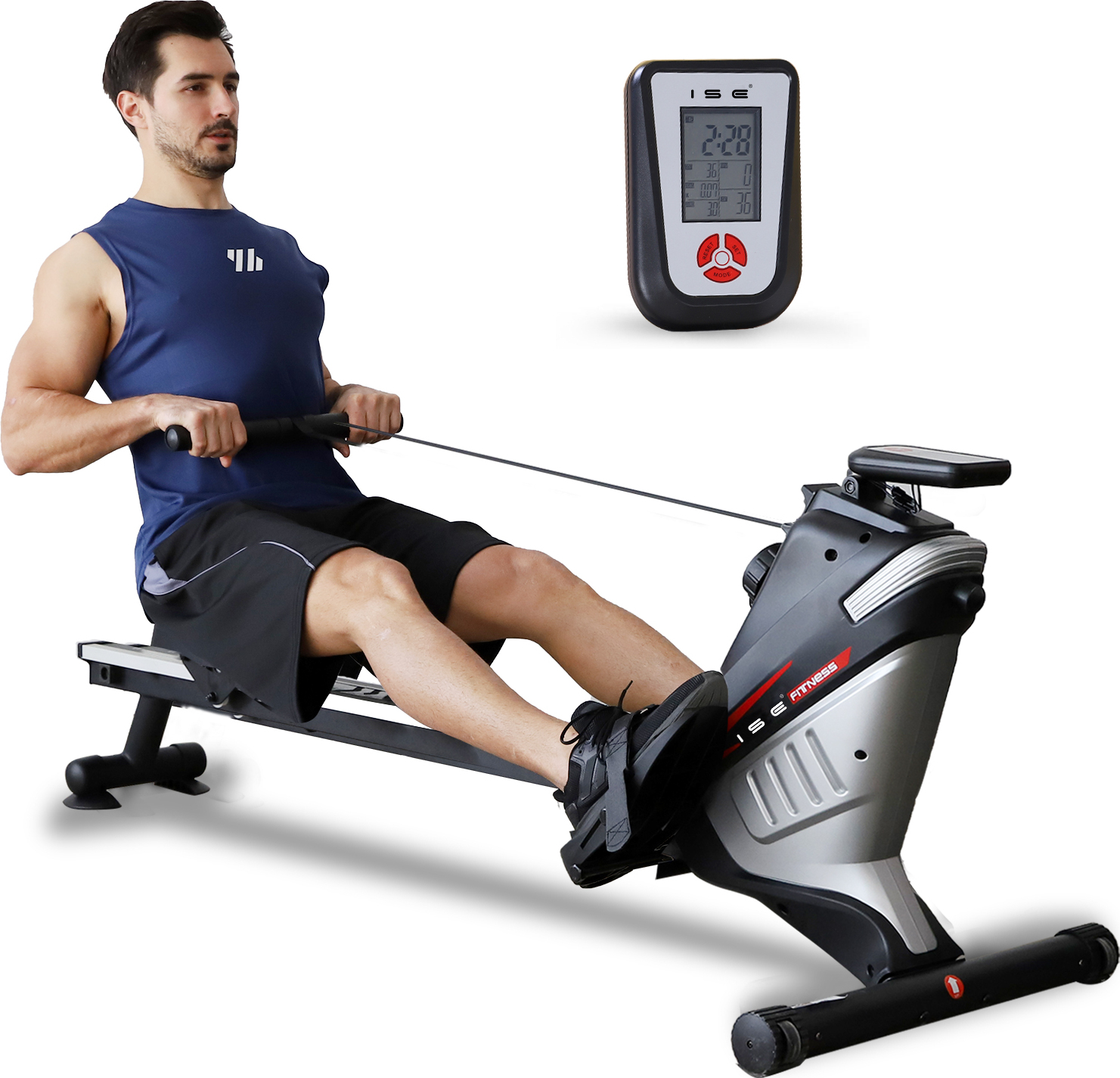 ISE Rudergerät für zu Hause Rudergerät mit Magnetbremssystem 8 Stufen Kugelgelagerter Rudersitz, Rudermaschine mit LCD- Display, SY-1750