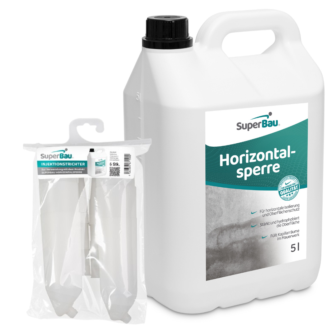 Superbau Horizontalsperre 5 L und Injektionstrichter (Set 6Stk), Mauerwerk Injektionsverfahren, Trockene Wand Injektionsflüssigkeit, Verkieselung 2384