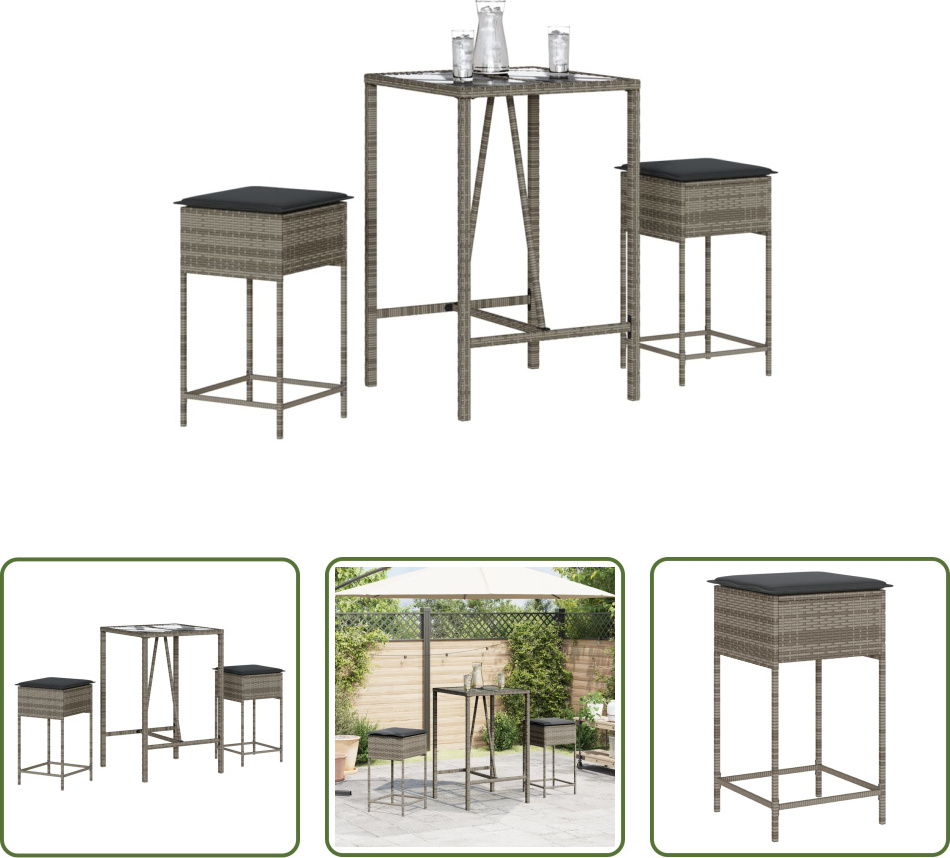 The Living Store 3-dielny záhradný barový set s vankúšmi sivý polyratan