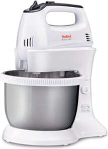 Mixer, Tefal HT312138, Schnellmix-Handmixer mit Schssel, 300 W, 5 Geschwindigkeiten + Turbo, 2 Rhrgerte, 2 Knethaken, automatisch rotierende Schssel, weie und rostfreie Standschssel