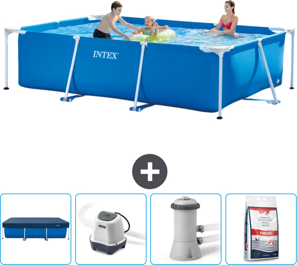 Bazén Intex s obdĺžnikovým rámom - 300 x 200 x 75 cm - modrý - vrátane krytu - systém so slanou vodou - filtračné čerpadlo pre bazén - bazénová soľ