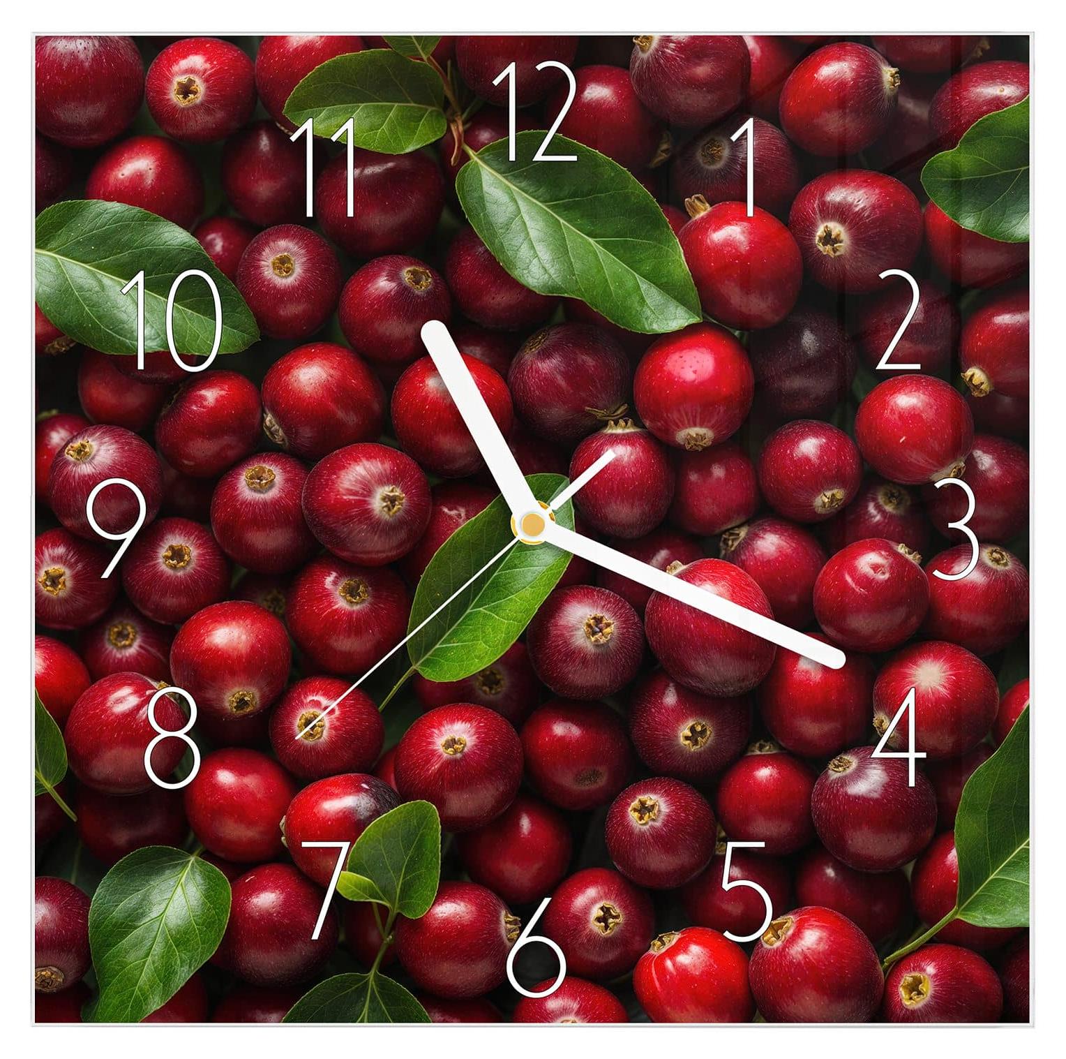 Primedeco Wanduhr aus Glas mit Motiv Frische Preiselbeeren- 30 x 30 cm - inkl. Aufhängesystem