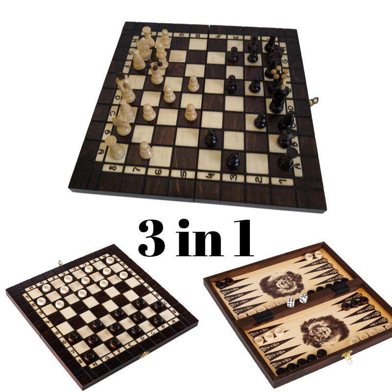 3in1 Schach Dame Backgammon Brettspiel aus Holz Größe 29x29cm Gesellschaftsspiel