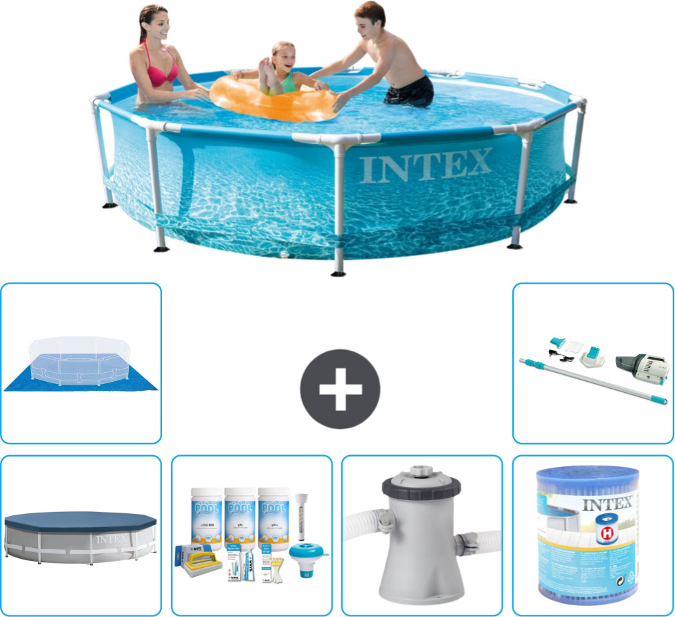 Bazén Intex s okrúhlym rámom - 305 x 76 cm - tlak vody - kryt v cene - balík na údržbu - filtračné čerpadlo pre bazén - filter - zemný kryt - vysávač